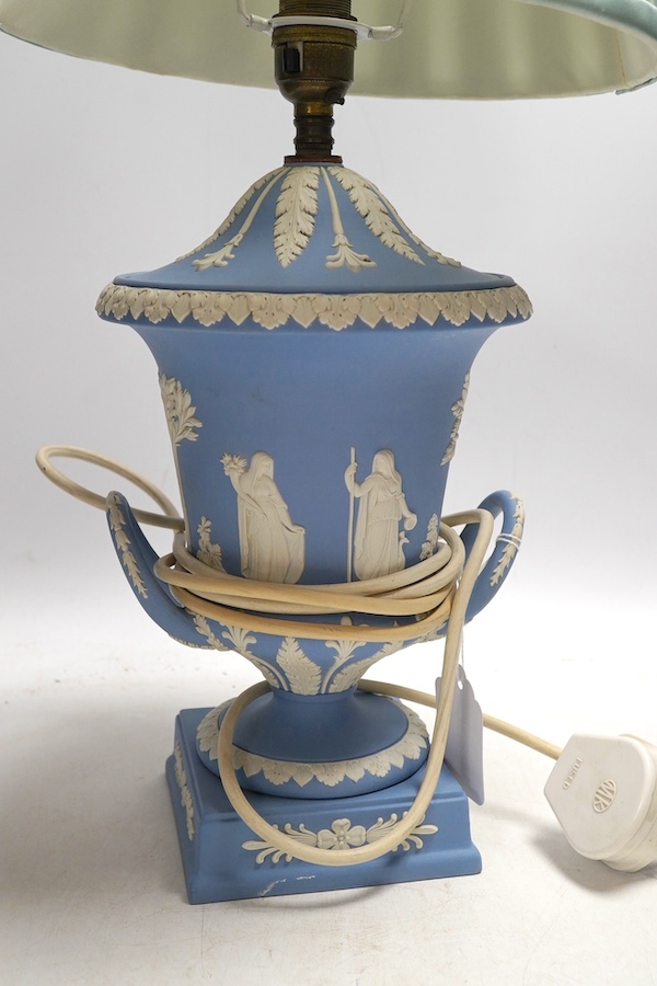 A blue Wedgwood jasperware table lamp, 28cm high. Condition - good